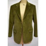 A 1950s made-to-measure sage green corduroy gentleman's suit, 34" waist, 29" inside leg, 40" chest