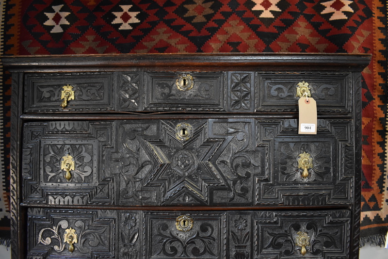 An antique carved oak chest on stand in the 17th century style, having four long irregular drawers - Image 3 of 14