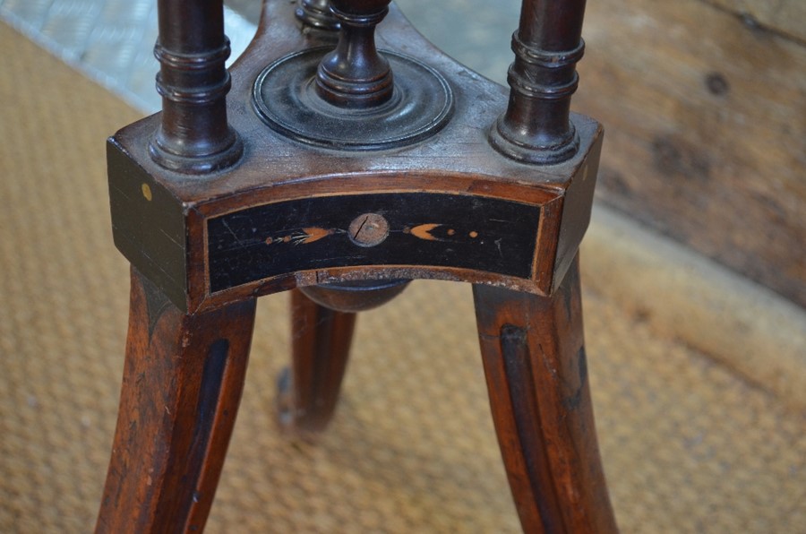 A George III inlaid satinwood tilt top wine table, the circular top centred by a batwing design - Image 9 of 9