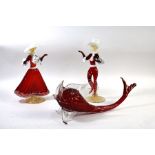 Two Italian Venetian glass figures, 25.5 & 28 cm high to/w a model of a red glass fish, 38 cm