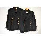 Two vintage naval officers jackets, a pair of trousers, a RN cap and three cap covers (7)All worn