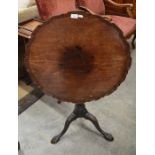 19th century mahogany scalloped tilt top table on turned and fluted column and tri form supports