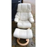 Ekornes stressless cream leather recliner chair and matching stool