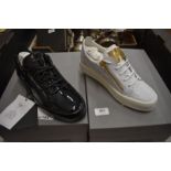 Two pairs of new ladies Giuseppe Zanotti designer trainers - white ostrich leather with gilt plate