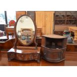 Mahogany oval toilet mirror on serpentine three drawer platform base to/w small corner cabinet (2)