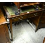 Small mahogany writing table with green leather top over two frieze drawers