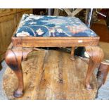 19th century walnut stool with cabriole legs and distressed needlepoint seat