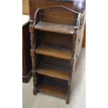 Small oak open bookcase with barley twist supports to/w a small wooden box with art nouveau