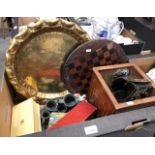 A wooden inlaid square planter, horse brasses, pewter wares, brass circular tray, chequers board,