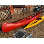 A red 3 man fibreglass kayak with paddles + lifejackets 500cm long
