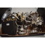 A box of electroplated wares to include cruet set on stand, tea set, fish knive set, cased