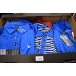 A box of new gentlemen's Gallaway golfing shirts and other golf clothing [P15027272]