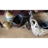 Wicker log basket, copper coal scuttle, saucepan, pewter wares, fireside implements, slatglaze