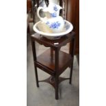 A 19th century two tier wash stand with fitted drawer to/w blue and white ceramic wash bowl and jug