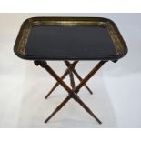A Victorian 'Club-Fine' brand, gilt decorated papier mache tray on folding mahogany stand