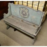 An old Continental blue painted pine window seat 104cm wide x 83cm high x 35cm deep