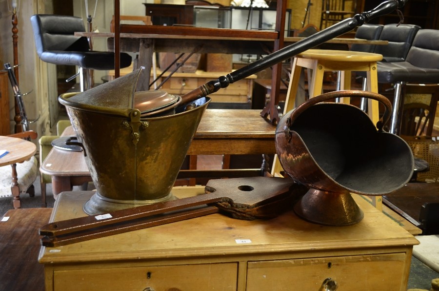Antique brass coal bucket with swing handle to/w a copper scuttle, warming pan, bellows etc