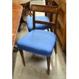 Set of seven mahogany bar back dining chairs, blue upholstered seats and turned front supports (