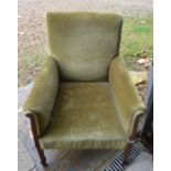 Edwardian inlaid mahogany armchair with green dralon upholstery