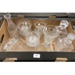 A box of cut glass including a set of dessert bowls, basket shaped glass fruit bowl, decanters etc.