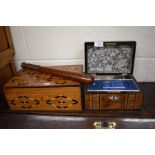 A parquetry and mother-of-pearl inlaid walnut sewing box with contents, a larger parquetry inlaid