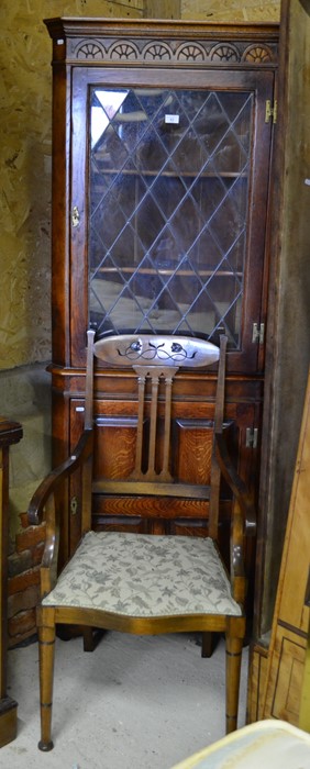 A good quality 17th century style lattice lead glazed corner cabinet to/w a carved oak carver