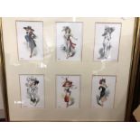 A set of six French costume prints framed as one to/w The Milliner and Dressmaker engraving (2)