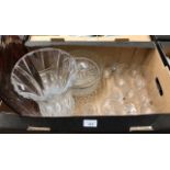 A mixed box of glass including etched tumblers, two small carafes, pair of salts, sherry glasses,