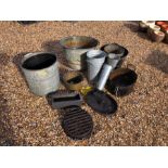 A quantity of assorted galvanised steel buckets etc. to/with two old boot scrapers (12)