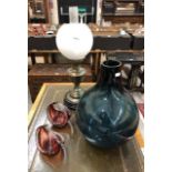 Oil lamp, large blue/green glass bottle vase and two Murano glass bowls (4)