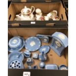 Collection of Wedgwood Blue Jasper wares including a mantel clock to/w a Royal Albert Country Rose