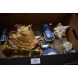 A box of mixed items to include pair of brass candlesticks, two large sea shells, Spode salt and