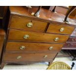 Victorian mahogany chest of two short over three long drawers with brass handles, raised on
