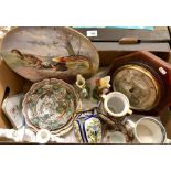 Mixed box of decorative china including a charger painted with game birds, pair of Noritake vases,