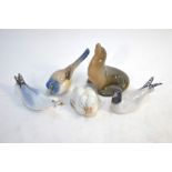 Three Royal Copenhagen models:  Seagull, 1468;  Ducklings, 516;  Sealion, 1441and two Bing &