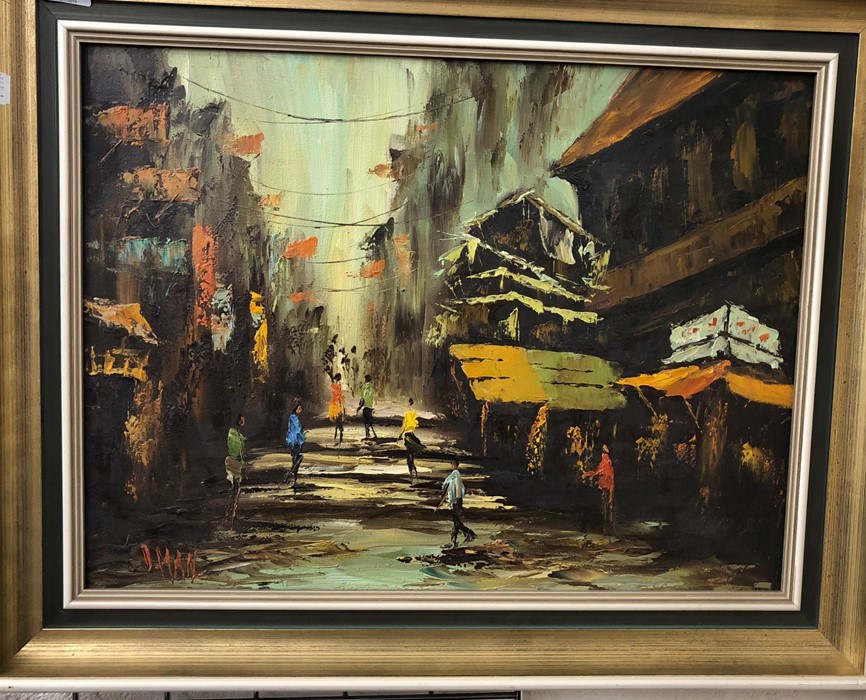 A Chinese or Hong Kong style oil on canvas, possibly Pottinger Street in Hong Kong