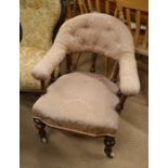 Victorian mahogany open arm chair with foliate upholstery, turned supports with castors