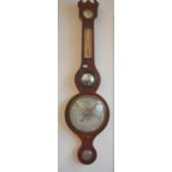 A 19th century mahogany banjo barometer with engraved steel face and central convex mirror