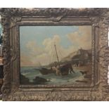W Shayer - Fishermen launching dinghy, oil on board, signed lower left, 30 x 36 cm