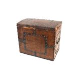 A 19th century studded leather covered box with handles to sides, the inner with removable tin