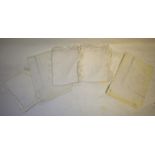 A collection of six antique Continental pillowcases with crocheted edging and inserts and draw-