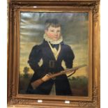 English school - Portrait of a young boy standing holding a sporting gun, oil on canvas, 74 x 61