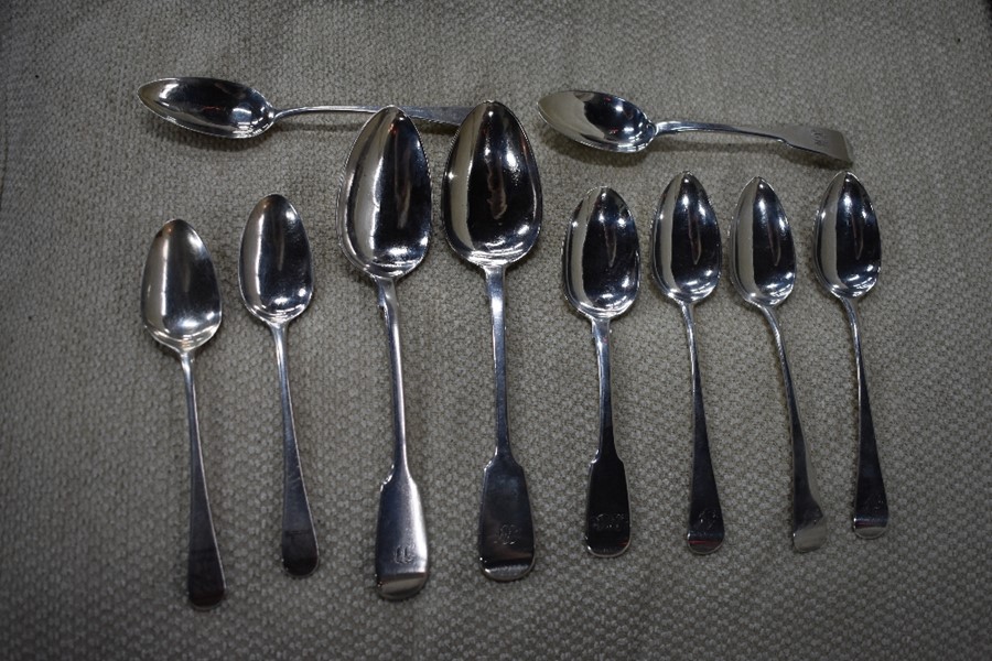 Eight various George III silver OEP dessert spoons London 1788-1805, to/w two Victorian fiddle
