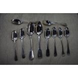 Eight various George III silver OEP dessert spoons London 1788-1805, to/w two Victorian fiddle