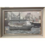 Mabel Bruce-Low (1883-1972) - 'Barge moored near the Tower Bridge', London view, watercolour, 31 x