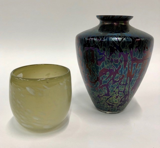 A Royal brierley Studio iridescent glass vase of shouldered form, 20 cm high to/w a studio cased