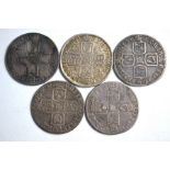 Five Queen Anne shillings 1707/08/09/11/14 f-vf