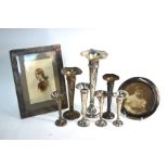 Seven various loaded silver specimen vase flutes, to/w two silver photograph frames - various makers
