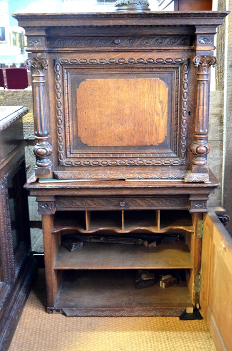 A 19th century Flemish oak pedestal desk, the wide cross-banded top with moulded edge over three - Image 2 of 7