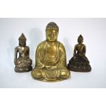 Three metal figures of Buddhistic Deities, comprising: a figure of Amitayus holding the alms bowl,